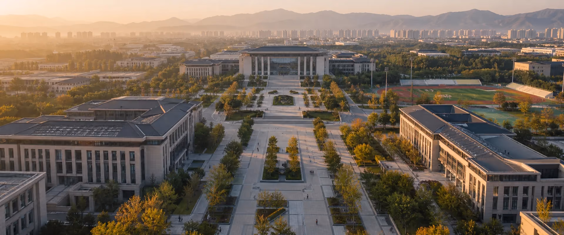 清晨的大学新校区航拍全景，教学楼群与中心广场