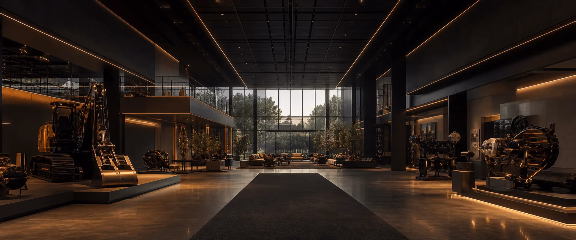 装备制造企业总部展厅的全景，两侧是产品展区