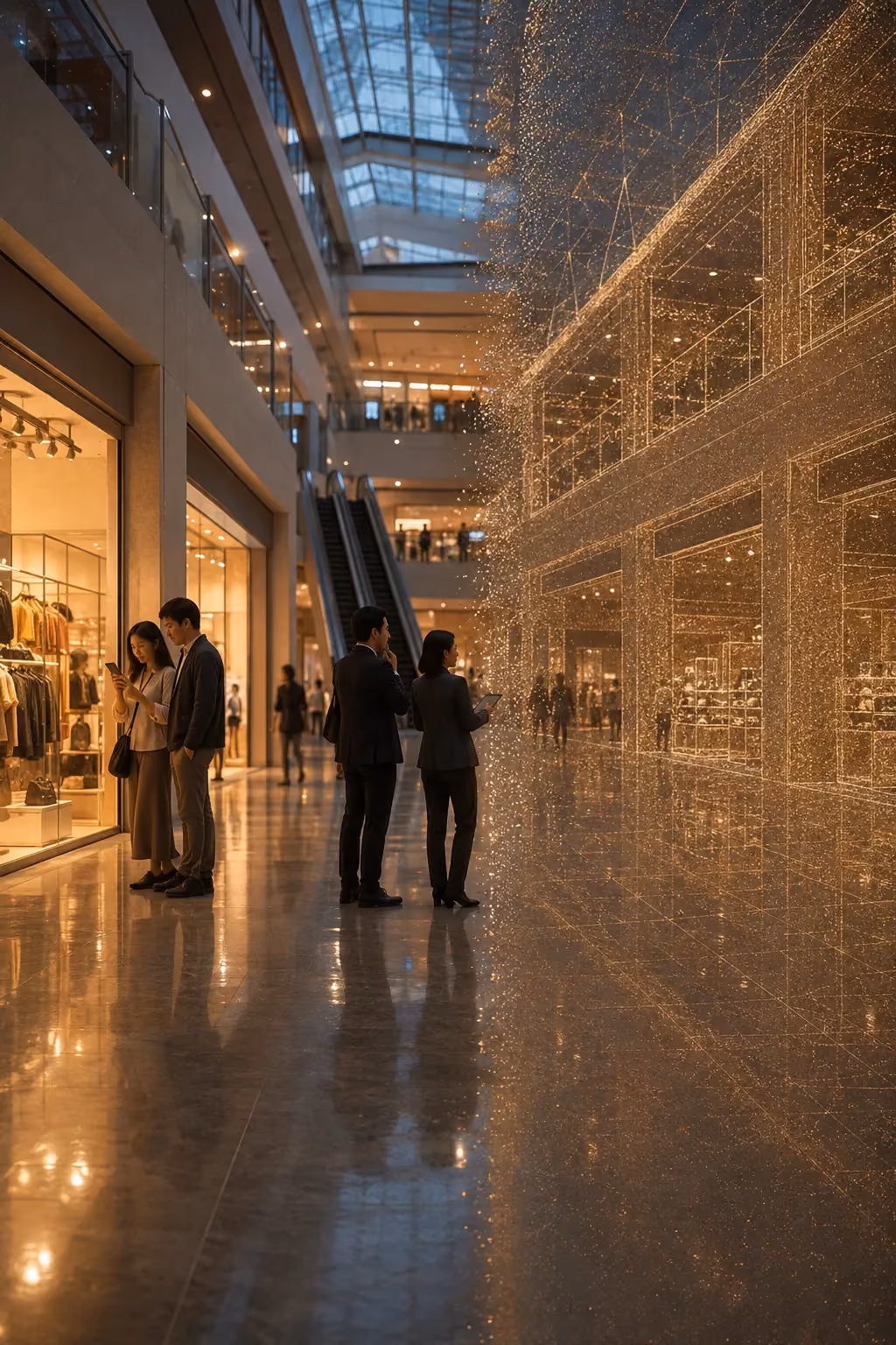 营业中的商场中庭，一侧店铺解算成点云