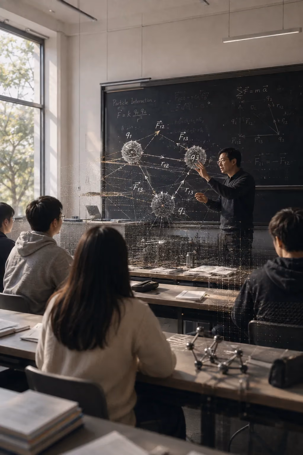 白天的教室，讲台前浮着三维粒子模型，学生在听课