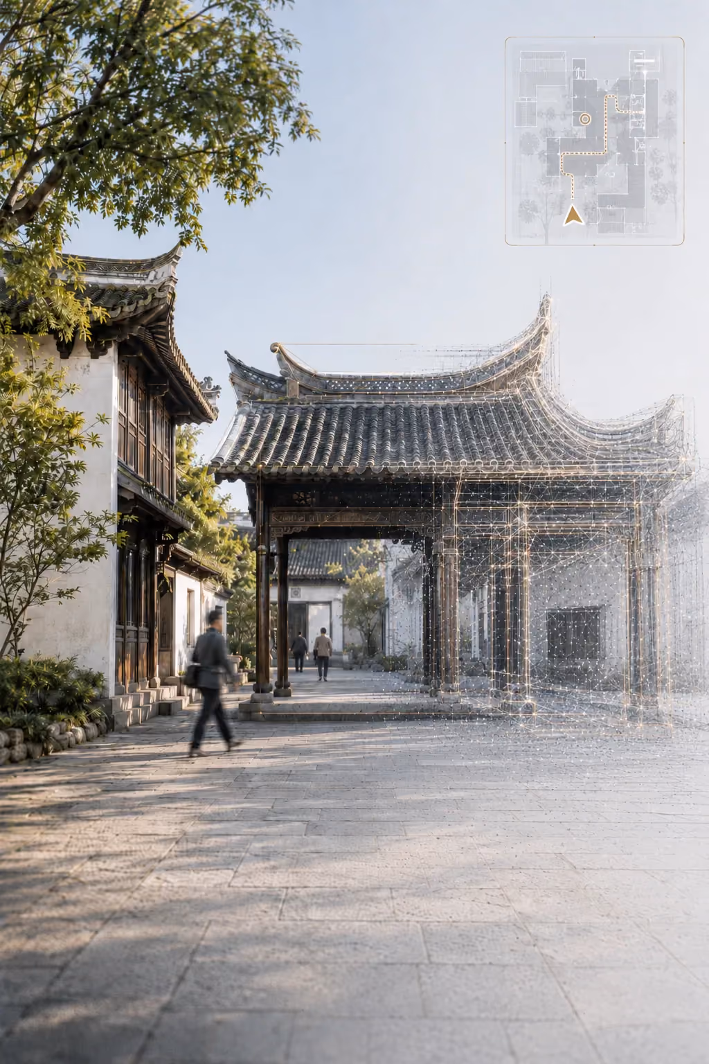 晴天的古镇街巷，牌楼有一半解算成点云