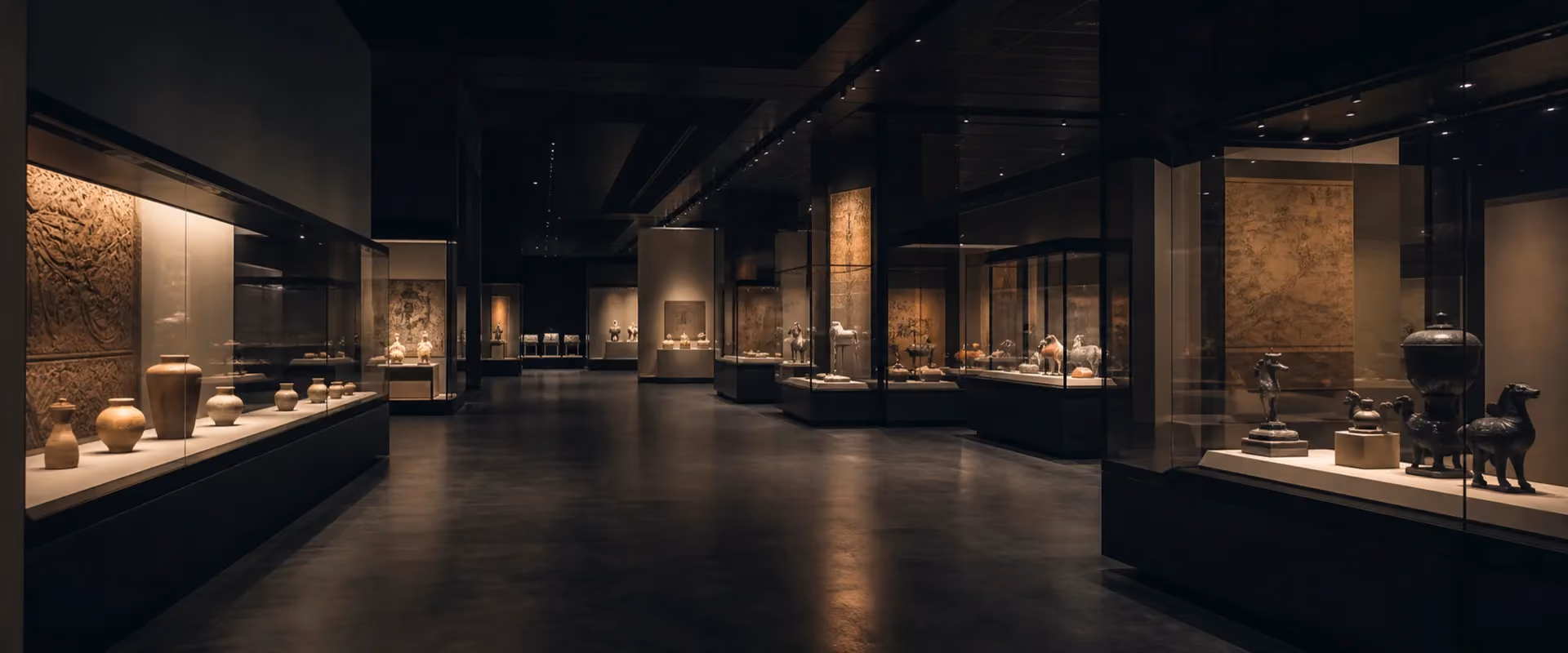 市级综合博物馆的常设展厅全景，展柜沿墙排布