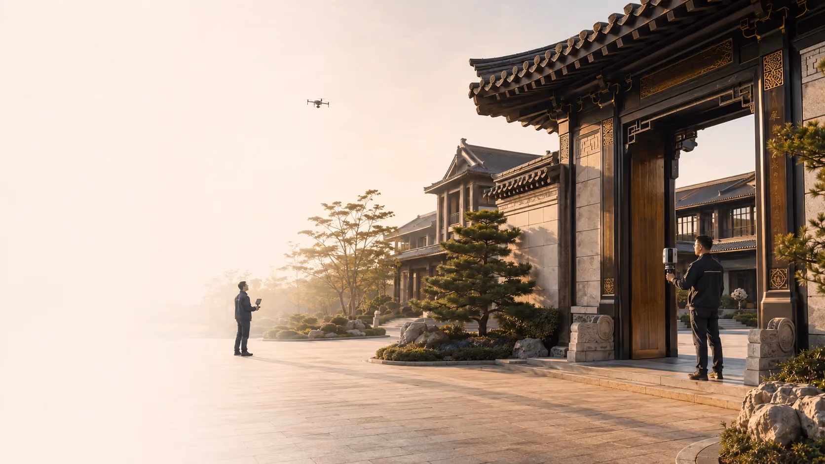 古建院落中技术人员操控无人机与手持三维扫描仪，左侧浅色留白给标题