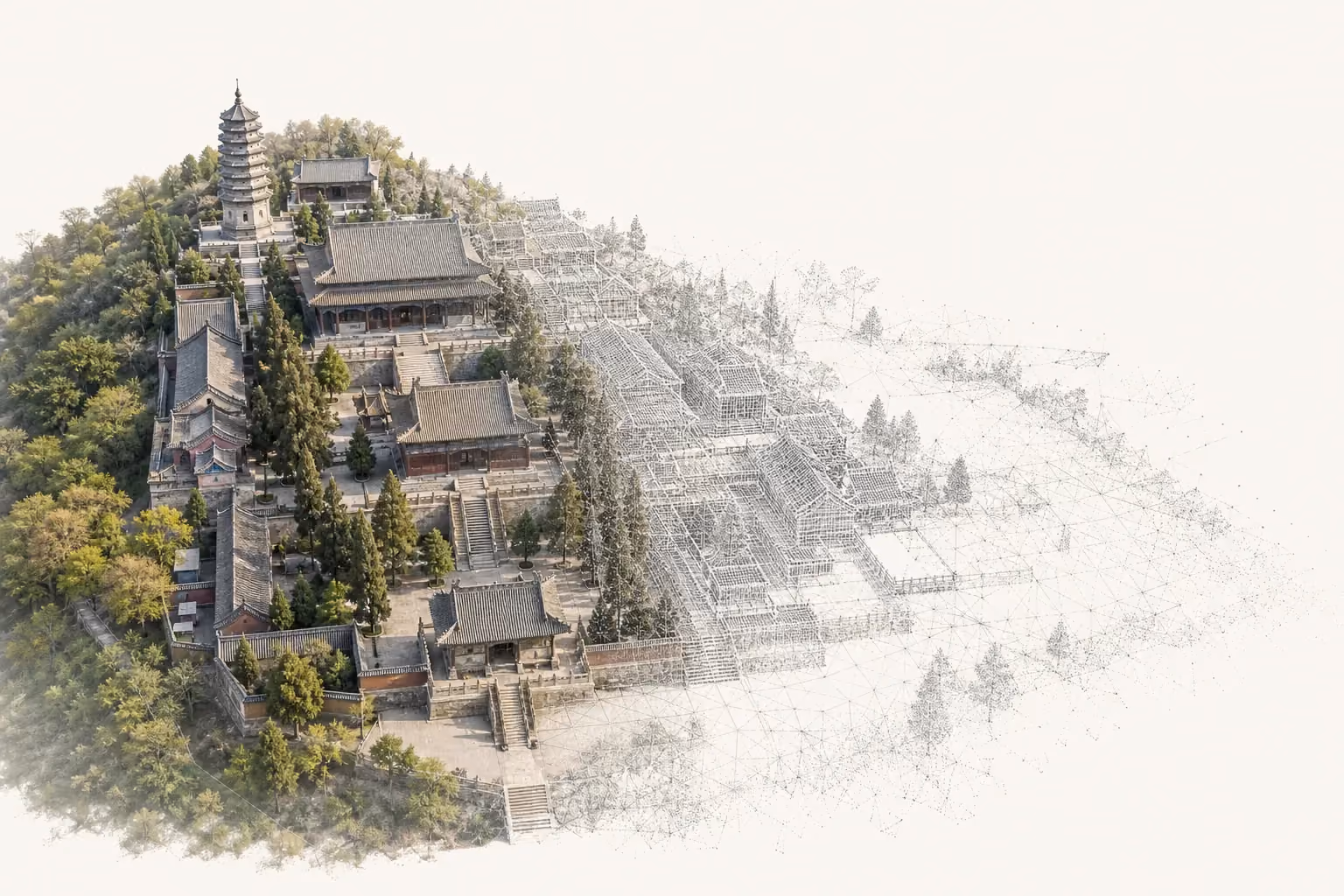 航拍视角下的古建群落，半幅为三维重建的灰模