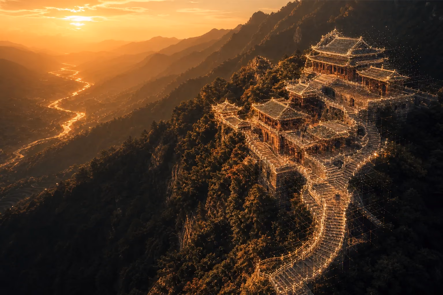 日出时分的山地寺院景区航拍全景