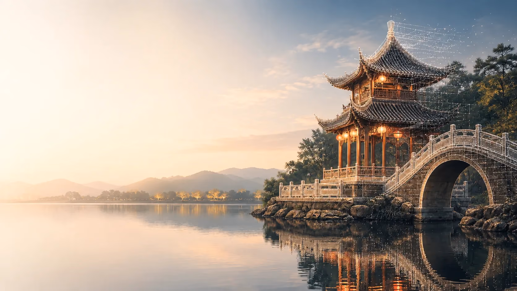 夜色中的景区古建与水面倒影